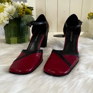 NEW Nine West Leather Y2K Two Tone Square Chunky Heel Ankle Wrap Pump 5.5 NWOT